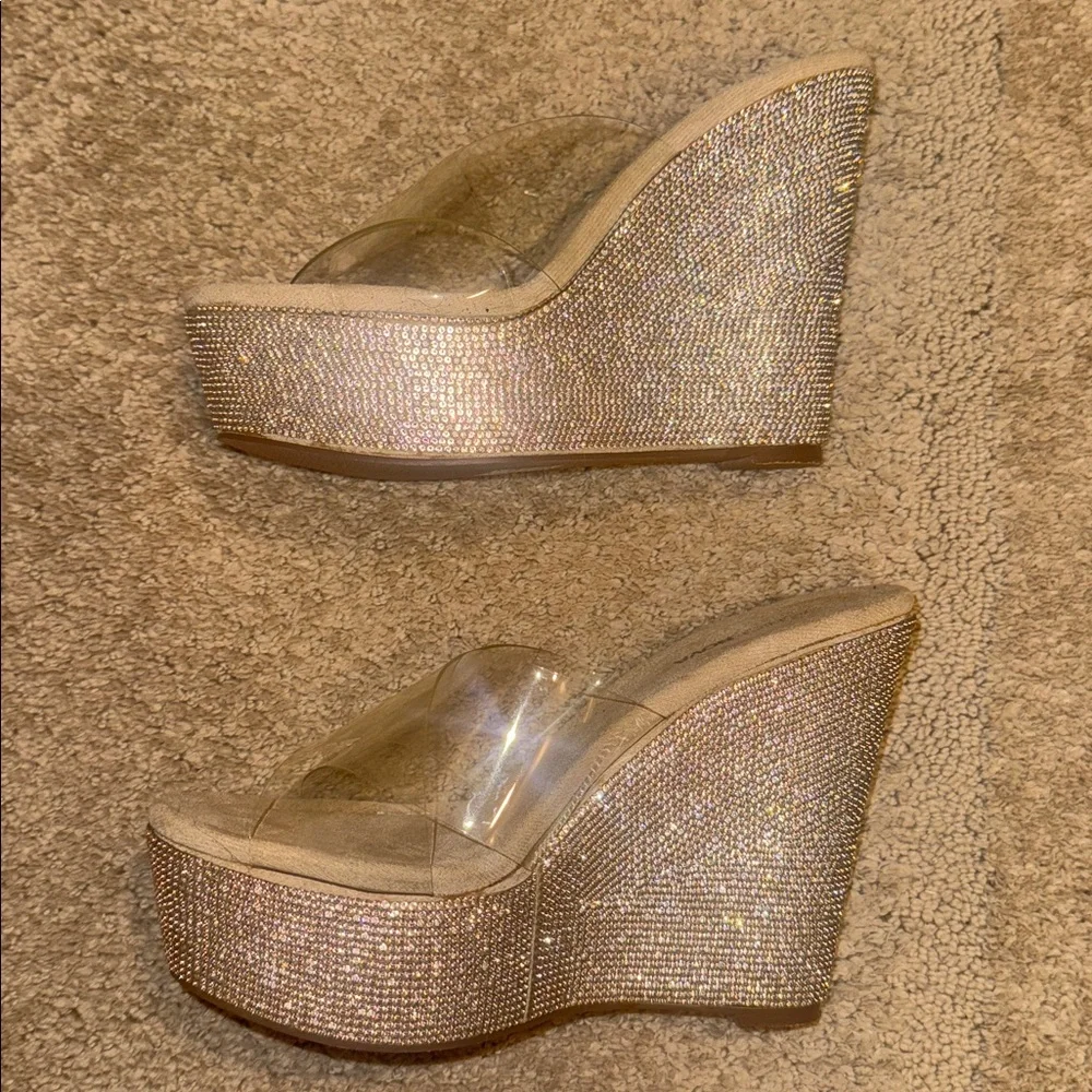 Fashion Nova Nude Crystal-Embellished Clear Strap Wedges